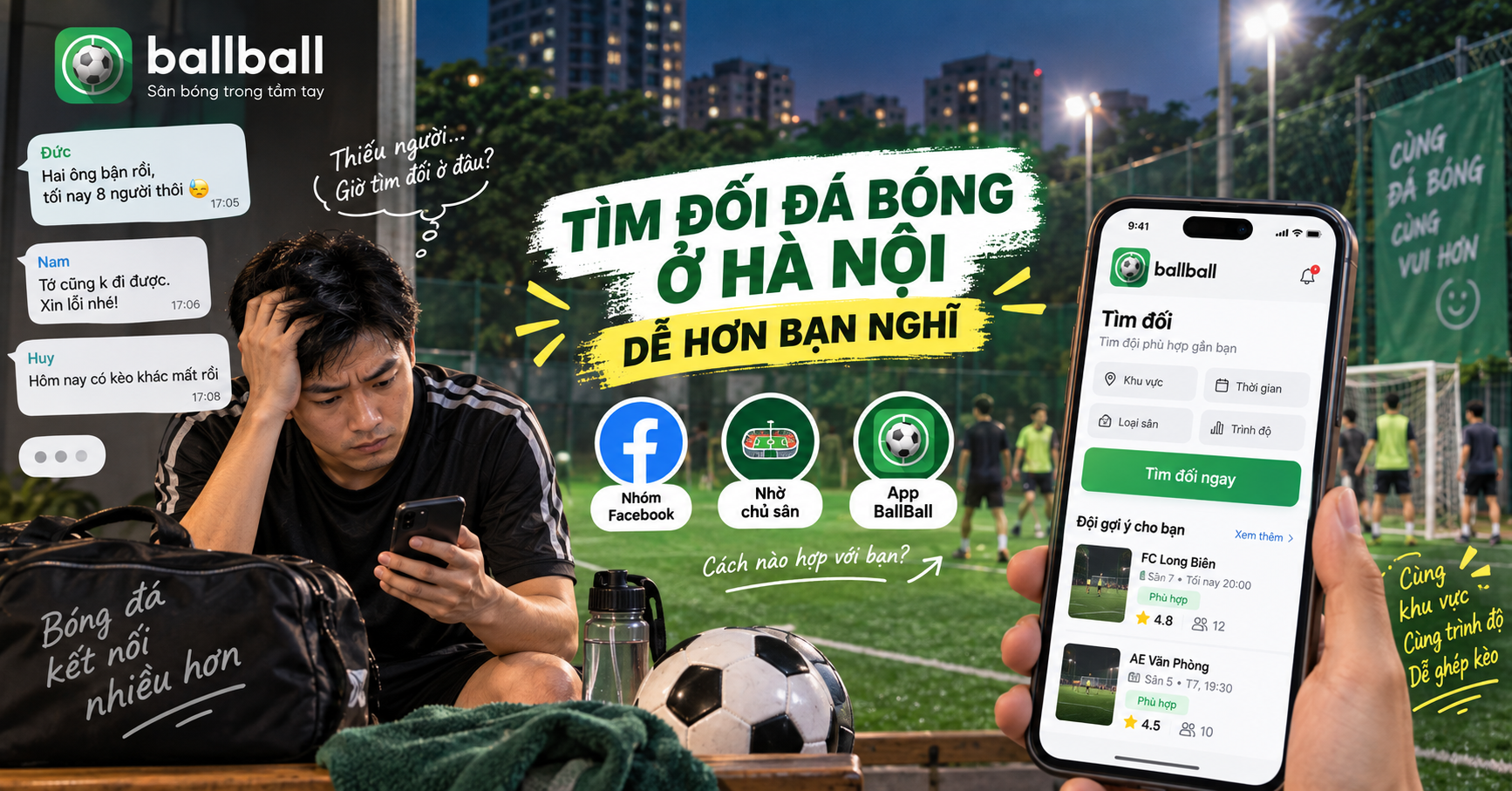 Đội thiếu người tối nay? Cách tìm đối đá bóng ở Hà Nội không cần quen ai